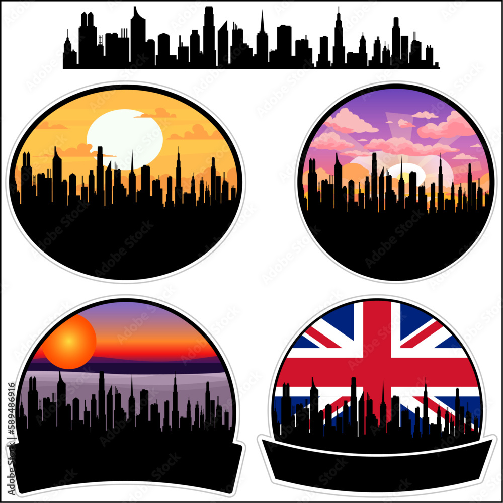 Windlesham Skyline Silhouette Uk Flag Travel Souvenir Sticker Sunset Background Vector Illustration SVG EPS AI