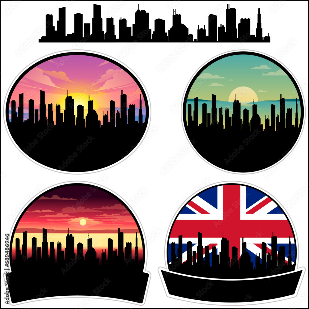 Connahs Quay Skyline Silhouette Uk Flag Travel Souvenir Sticker Sunset Background Vector Illustration SVG EPS AI