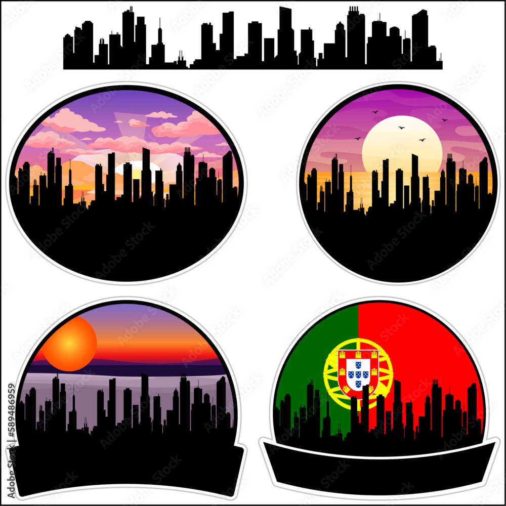 Ponte de Sor Skyline Silhouette Portugal Flag Travel Souvenir Sticker Sunset Background Vector Illustration SVG EPS AI
