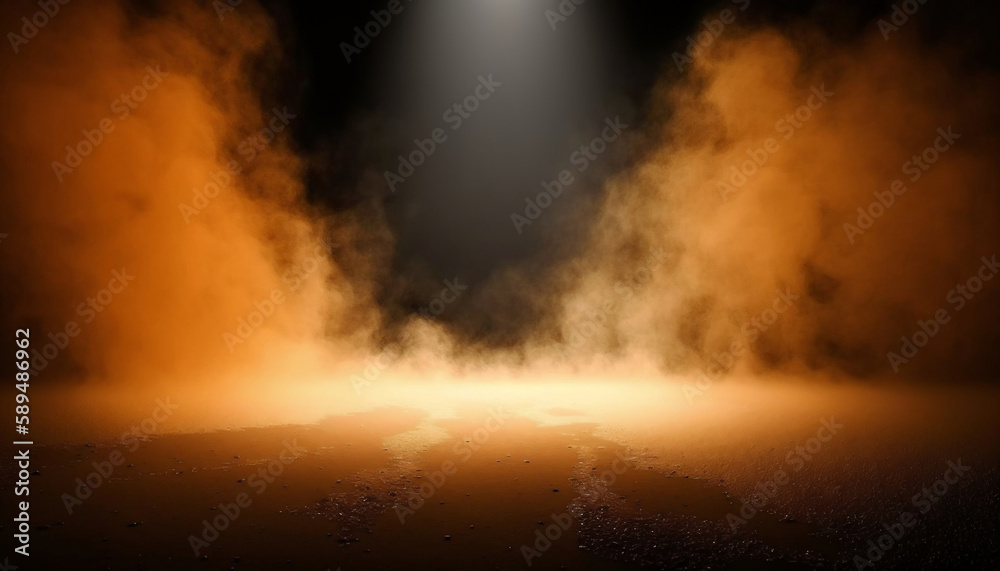 immerse yourself in an ethereal world: empty dark stage transformed with mist, fog, and orange smoke, perfect for showcasing artistic works and products. generative ai