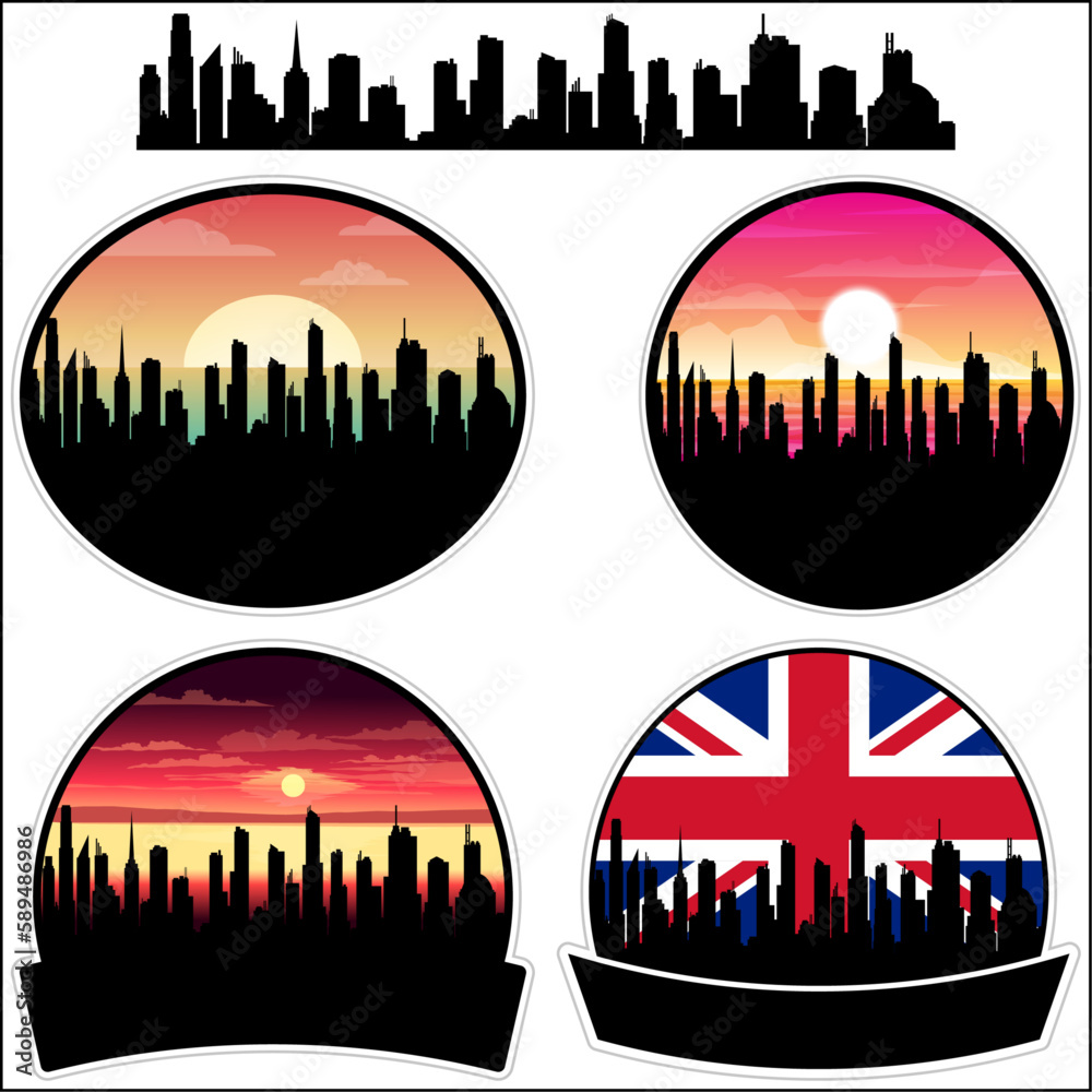 Brixham Skyline Silhouette Uk Flag Travel Souvenir Sticker Sunset Background Vector Illustration SVG EPS AI