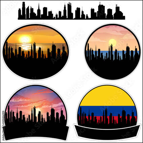 Puerto Carreno Skyline Silhouette Colombia Flag Travel Souvenir Sticker Sunset Background Vector Illustration SVG EPS AI photo
