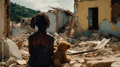 Lonely little girl with teddy bear on the ruins of a house after disaster. Generative AI. photo
