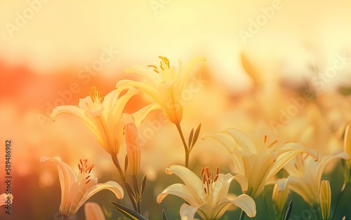 colorful sunset bokeh lilies background for free photo, in the style of light gold and gold, transparent/translucent medium