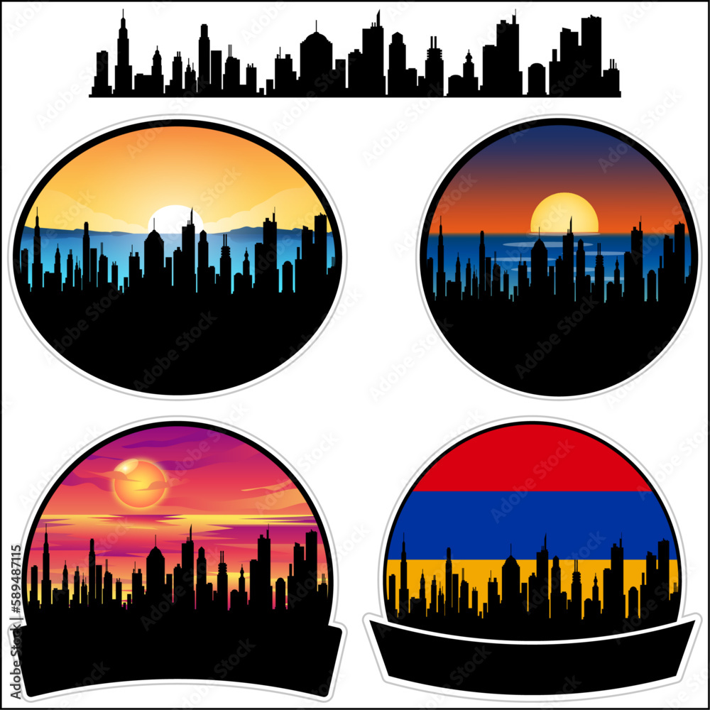 Dilijan Skyline Silhouette Armenia Flag Travel Souvenir Sticker Sunset Background Vector Illustration SVG EPS AI