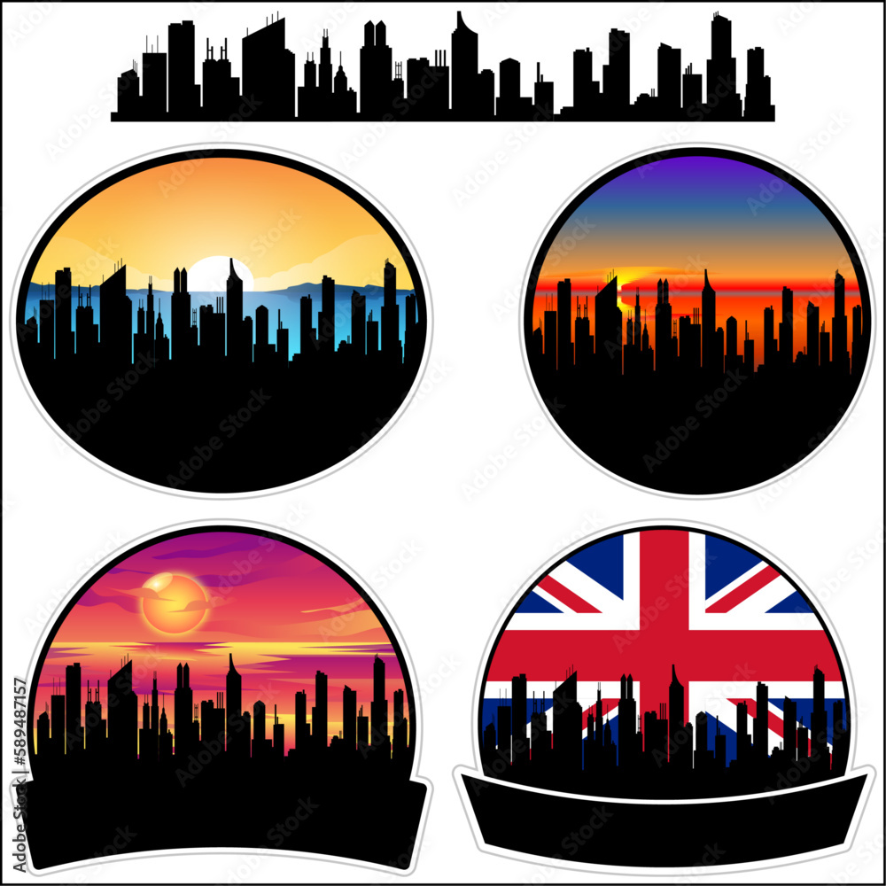 Newmarket Skyline Silhouette Uk Flag Travel Souvenir Sticker Sunset Background Vector Illustration SVG EPS AI