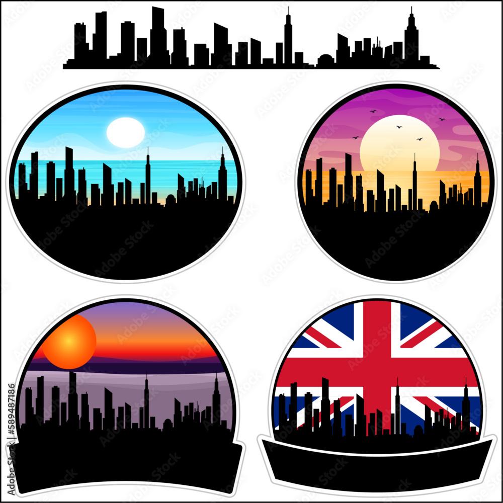Biggleswade Skyline Silhouette Uk Flag Travel Souvenir Sticker Sunset Background Vector Illustration SVG EPS AI