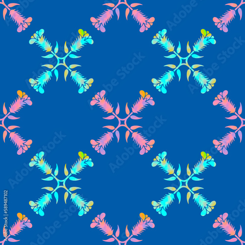 Seamless repeatable pattern. Leaves and flowers. Modern geometric Folk style. Colorful graphic design. 