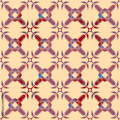 Seamless repeatable pattern. Leaves and flowers. Modern geometric Folk style. Colorful graphic design. 
