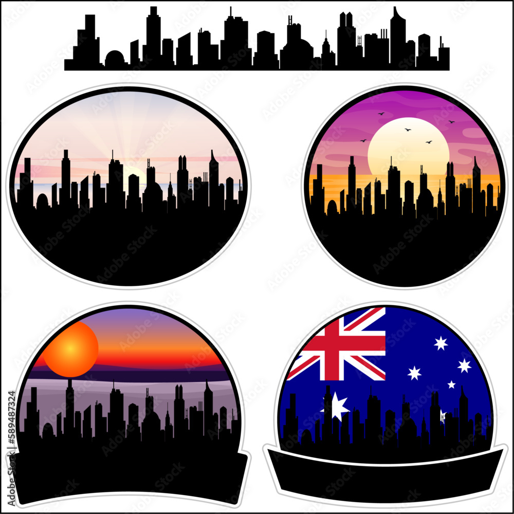 Lara Skyline Silhouette Australia Flag Travel Souvenir Sticker Sunset Background Vector Illustration SVG EPS AI