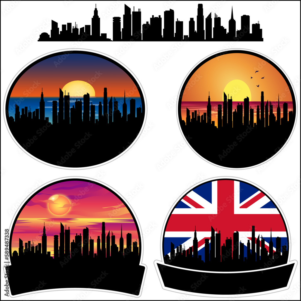 Stone Skyline Silhouette Uk Flag Travel Souvenir Sticker Sunset Background Vector Illustration SVG EPS AI