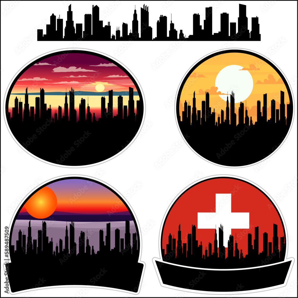 Freienbach Skyline Silhouette Switzerland Flag Travel Souvenir Sticker Sunset Background Vector Illustration SVG EPS AI