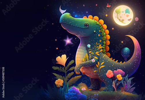 Baby dragon. The Dragon. Flowers and moon. Cartoon. Generative AI