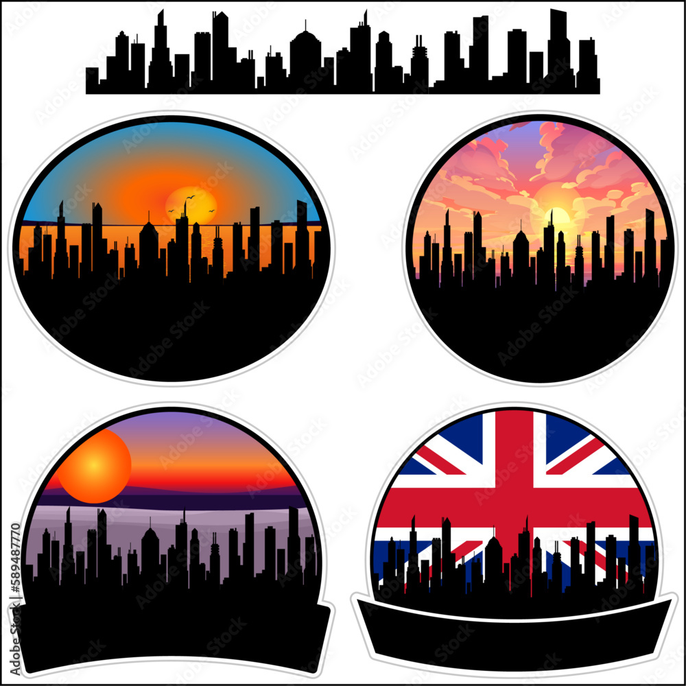 Upton Skyline Silhouette Uk Flag Travel Souvenir Sticker Sunset Background Vector Illustration SVG EPS AI