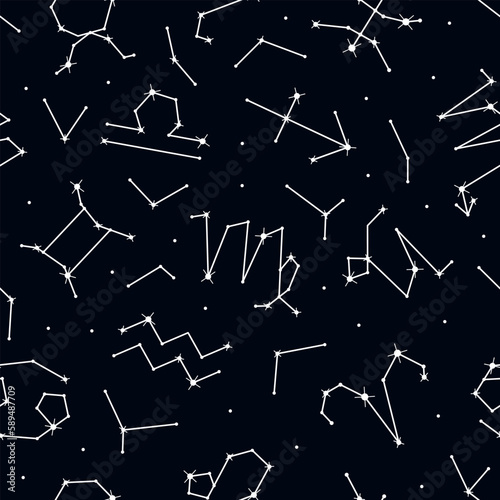 Zodiac signs seamless pattern, stars and constellations repeating print on dark night background for fabric, packaging, wrapping paper design. Astrology, horoscope symbols vector illustration