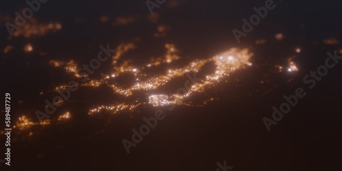 Street lights map of Bay Area (California, USA) with tilt-shift effect, view from west. Imitation of macro shot with blurred background. 3d render, selective focus