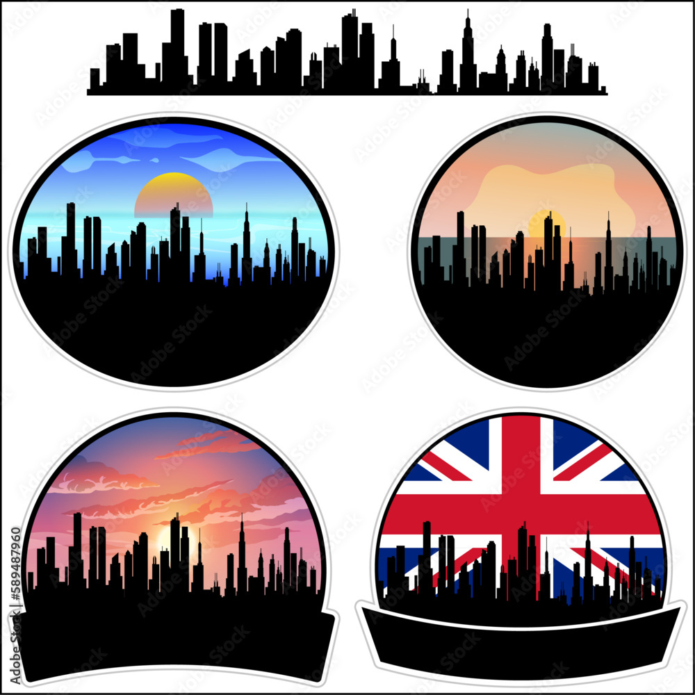 East Finchley Skyline Silhouette Uk Flag Travel Souvenir Sticker Sunset Background Vector Illustration SVG EPS AI