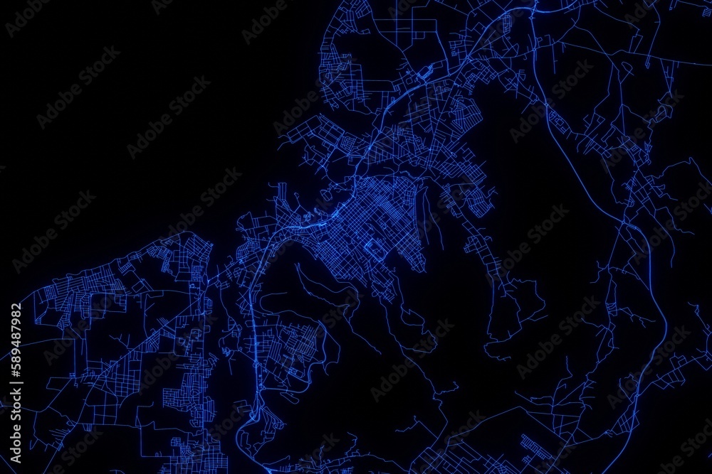 Street map of Port Louis (Mauritius) made with blue illumination and glow effect. Top view on roads network