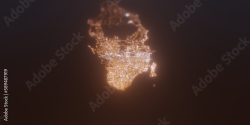Street lights map of Nassau (Bahamas) with tilt-shift effect, view from east. Imitation of macro shot with blurred background. 3d render, selective focus
