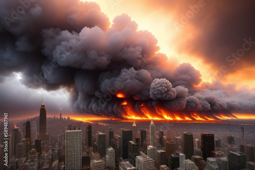 Fire tornado in a big city. Not real fantastic natural apocalyptic disasters, Generative AI.