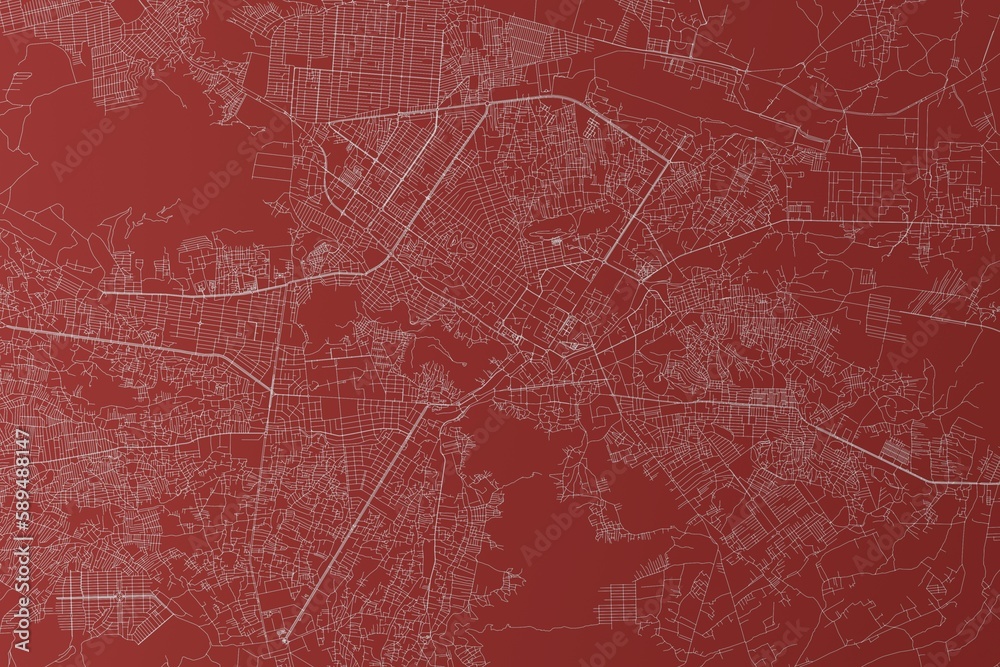 Map of the streets of Kabul (Afghanistan) made with white lines on red background. Top view. 3d render, illustration