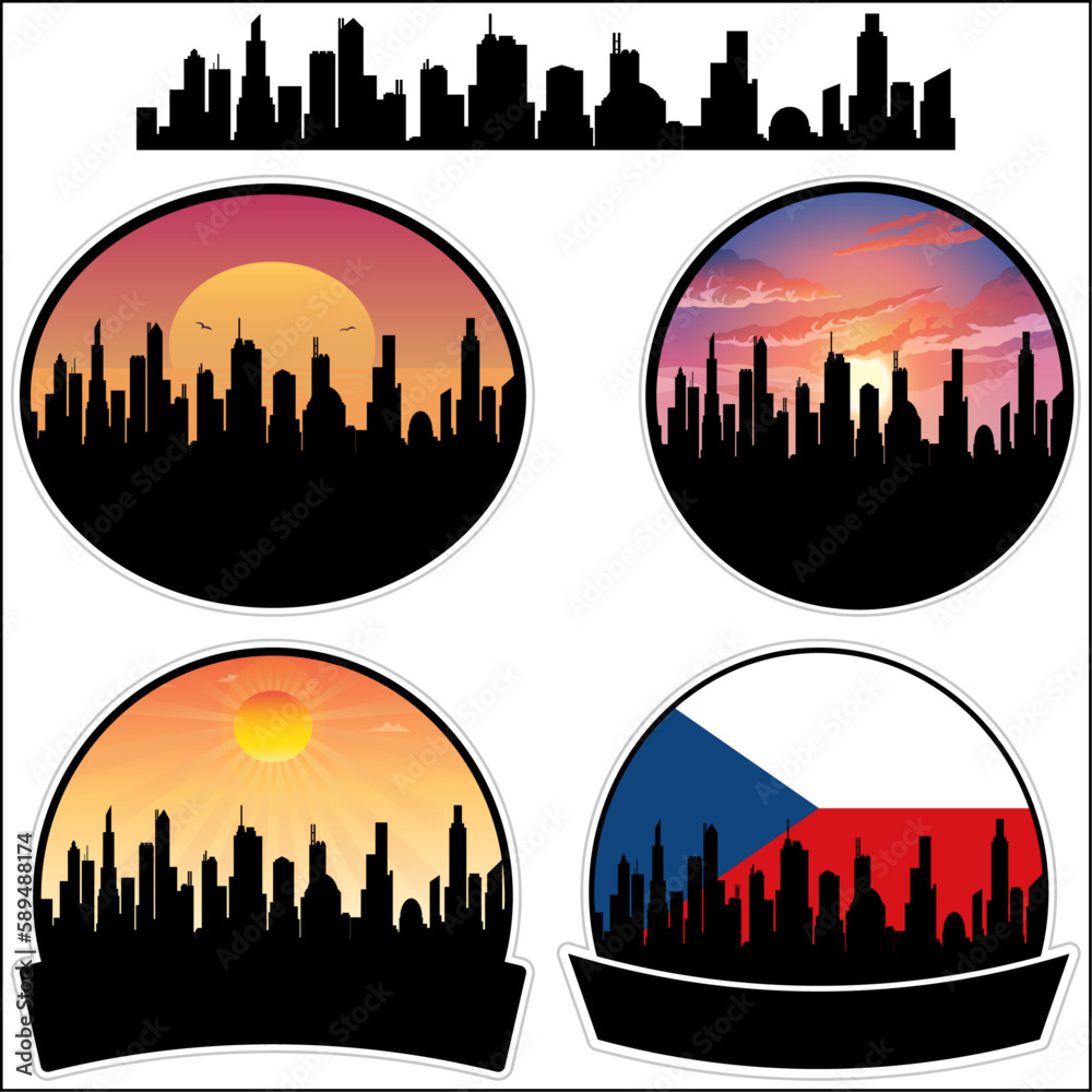 Ricany Skyline Silhouette Czech Flag Travel Souvenir Sticker Sunset Background Vector Illustration SVG EPS AI