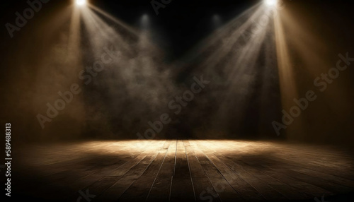 Fotografiet immerse yourself in an ethereal world: empty dark stage transformed with mist, fog, and brown spotlights, perfect for showcasing artistic works and products