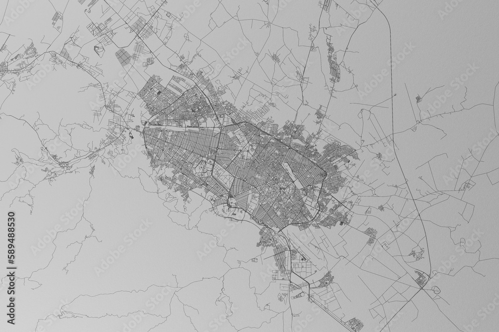 Map of the streets of Mashhad (Iran) made with black lines on grey paper. Top view. 3d render, illustration