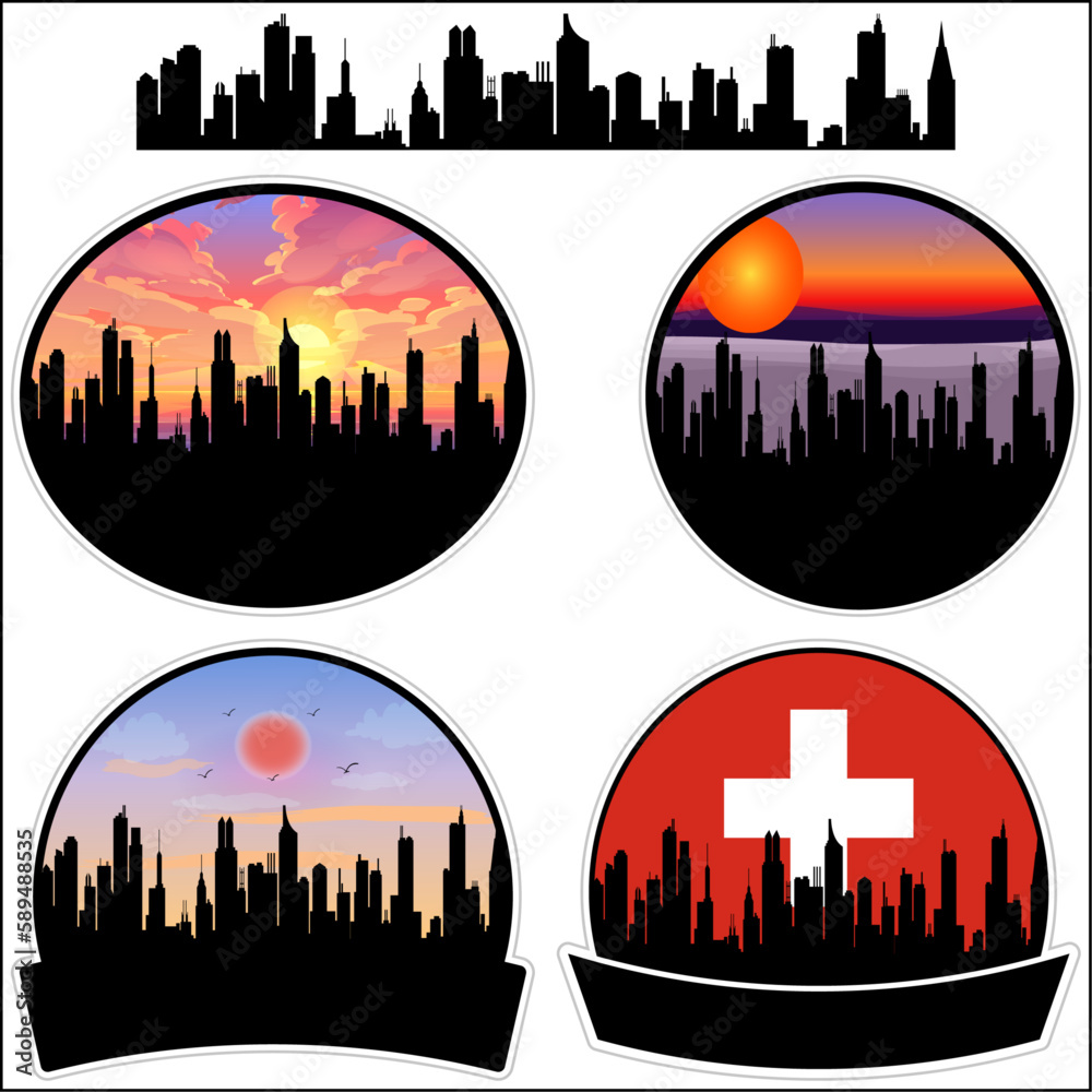 Morges Skyline Silhouette Switzerland Flag Travel Souvenir Sticker Sunset Background Vector Illustration SVG EPS AI