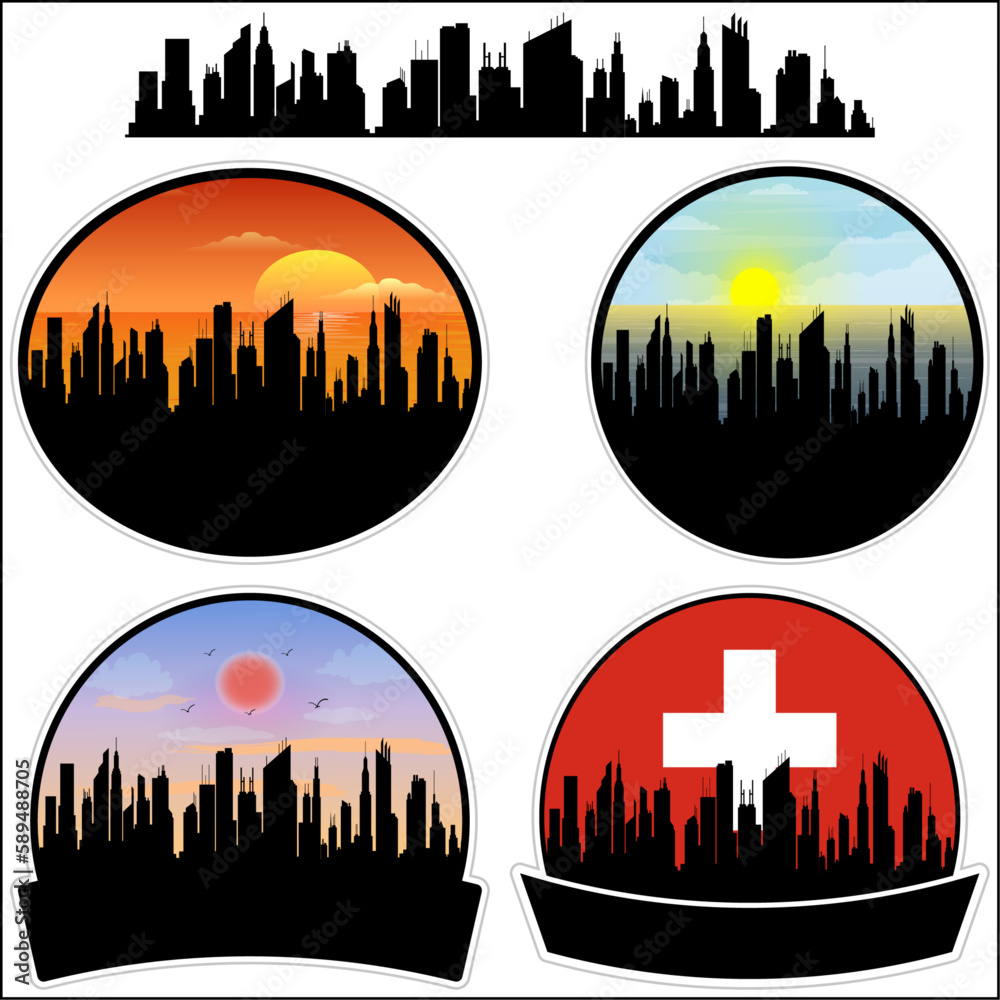 Herisau Skyline Silhouette Switzerland Flag Travel Souvenir Sticker Sunset Background Vector Illustration SVG EPS AI
