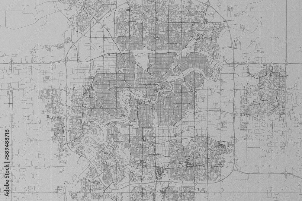 Map of the streets of Edmonton (Canada) made with black lines on grey paper. Top view. 3d render, illustration