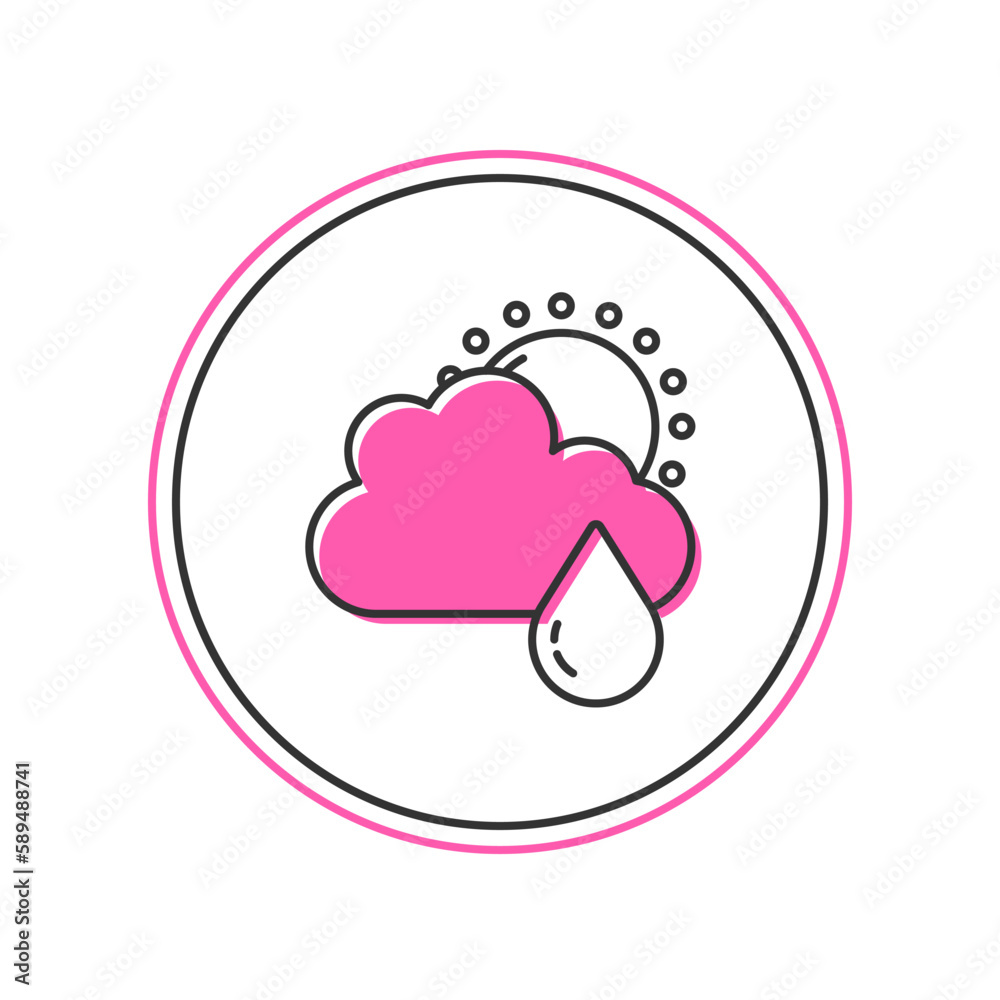 Filled outline Cloud with rain and sun icon isolated on white background. Rain cloud precipitation with rain drops. Vector Filled outline Cloud with rain and sun icon isolated on white background. Rain cloud precipitation with rain drops. Vector