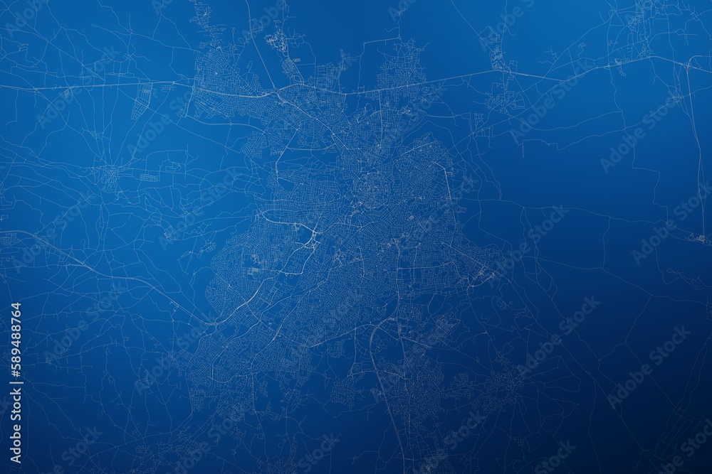 Stylized map of the streets of Nicosia (Cyprus) made with white lines on abstract blue background lit by two lights. Top view. 3d render, illustration