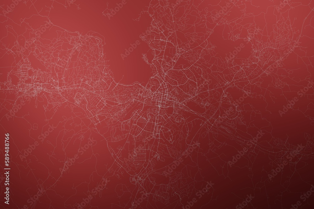 Map of the streets of Lahti (Finland) made with white lines on abstract red background lit by two lights. Top view. 3d render, illustration