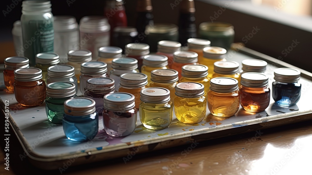 close up a lot of painting watercolor in small bottles on desk, Generative Ai