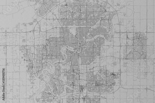 Map of the streets of Edmonton (Canada) made with black lines on grey paper. Top view. 3d render, illustration