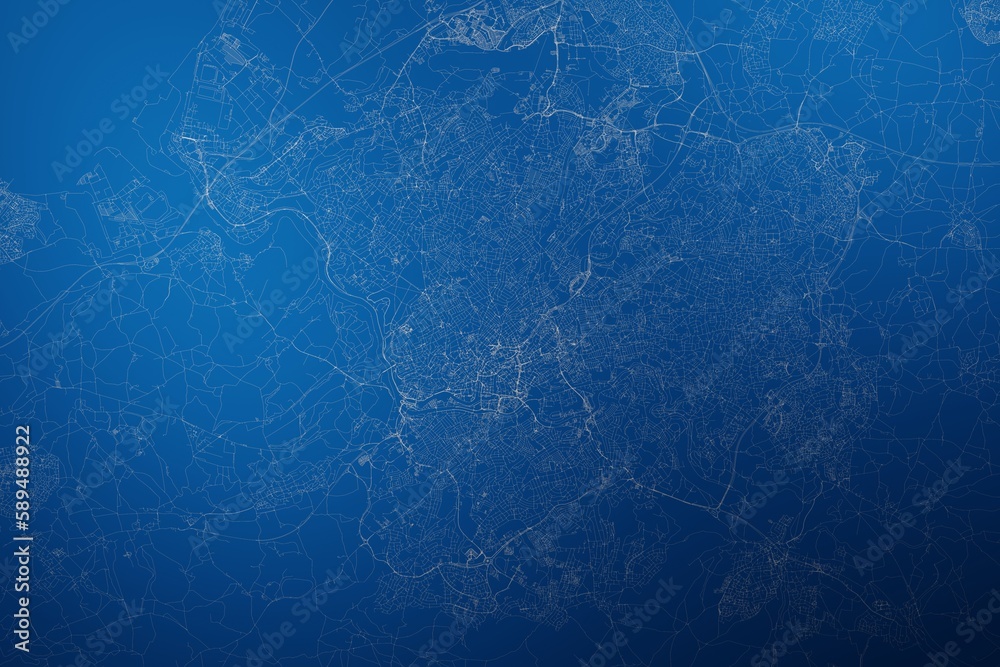 Stylized map of the streets of Bristol (UK) made with white lines on abstract blue background lit by two lights. Top view. 3d render, illustration Stylized map of the streets of Bristol (UK) made with white lines on abstract blue background lit by two lights. Top view. 3d render, illustration