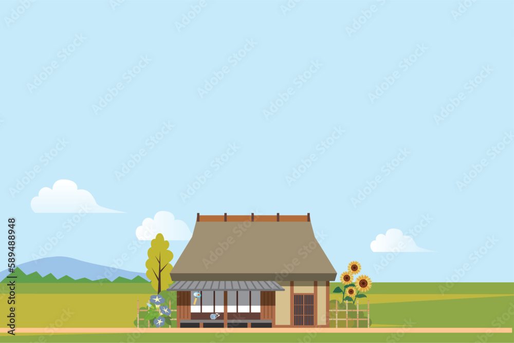日本の夏　田舎の古民家屋背景