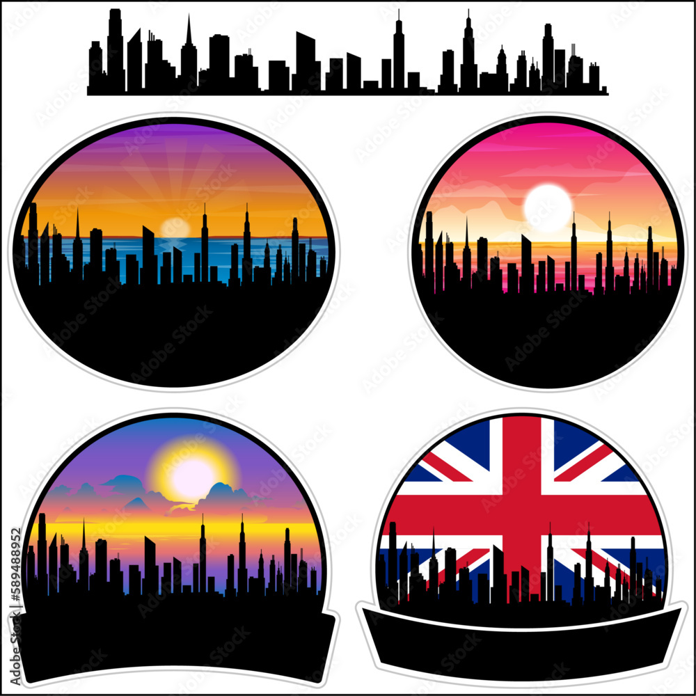 Weybridge Skyline Silhouette Uk Flag Travel Souvenir Sticker Sunset Background Vector Illustration SVG EPS AI