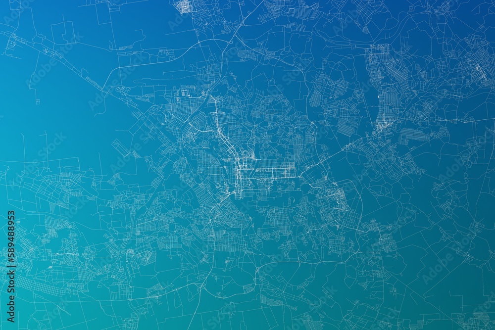 Map of the streets of Donetsk (Ukraine) made with white lines on greenish blue gradient background. 3d render, illustration