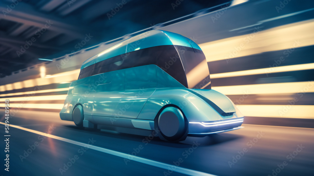 Obraz premium A futuristic electric cargo transport vehicle on a busy highway, showcasing efficiency and sustainability