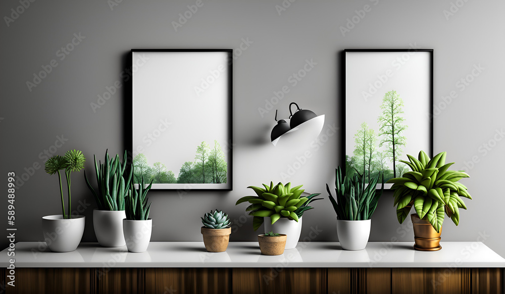 Empty square frame mockup in modern minimalist interior with plant in trendy vase on white wall background, Template for artwork, painting, photo or poster Empty square frame mockup in modern minimalist interior with plant in trendy vase on white wall background, Template for artwork, painting, photo or poster