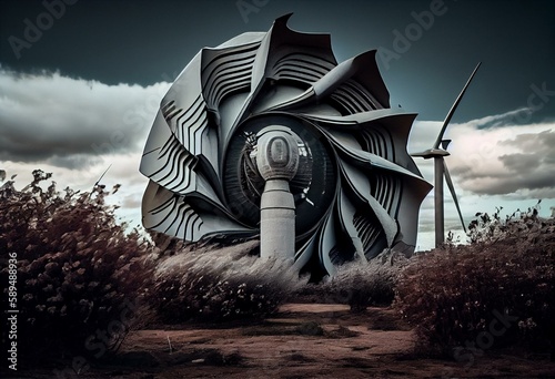 Imagen de gran turbina eólica de pie en un parque eólico, con sus tres palas girando lentamente con el viento. Generative AI photo
