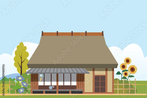 日本の夏　田舎の古民家屋背景