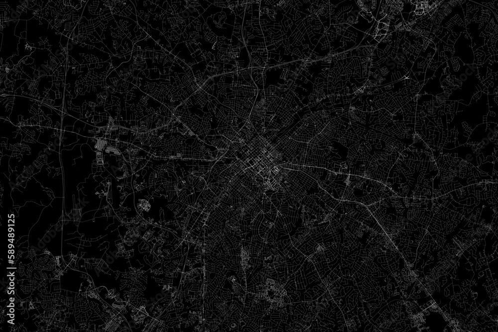 Stylized map of the streets of Charlotte (North Carolina, USA) made with white lines on black background. Top view. 3d render, illustration