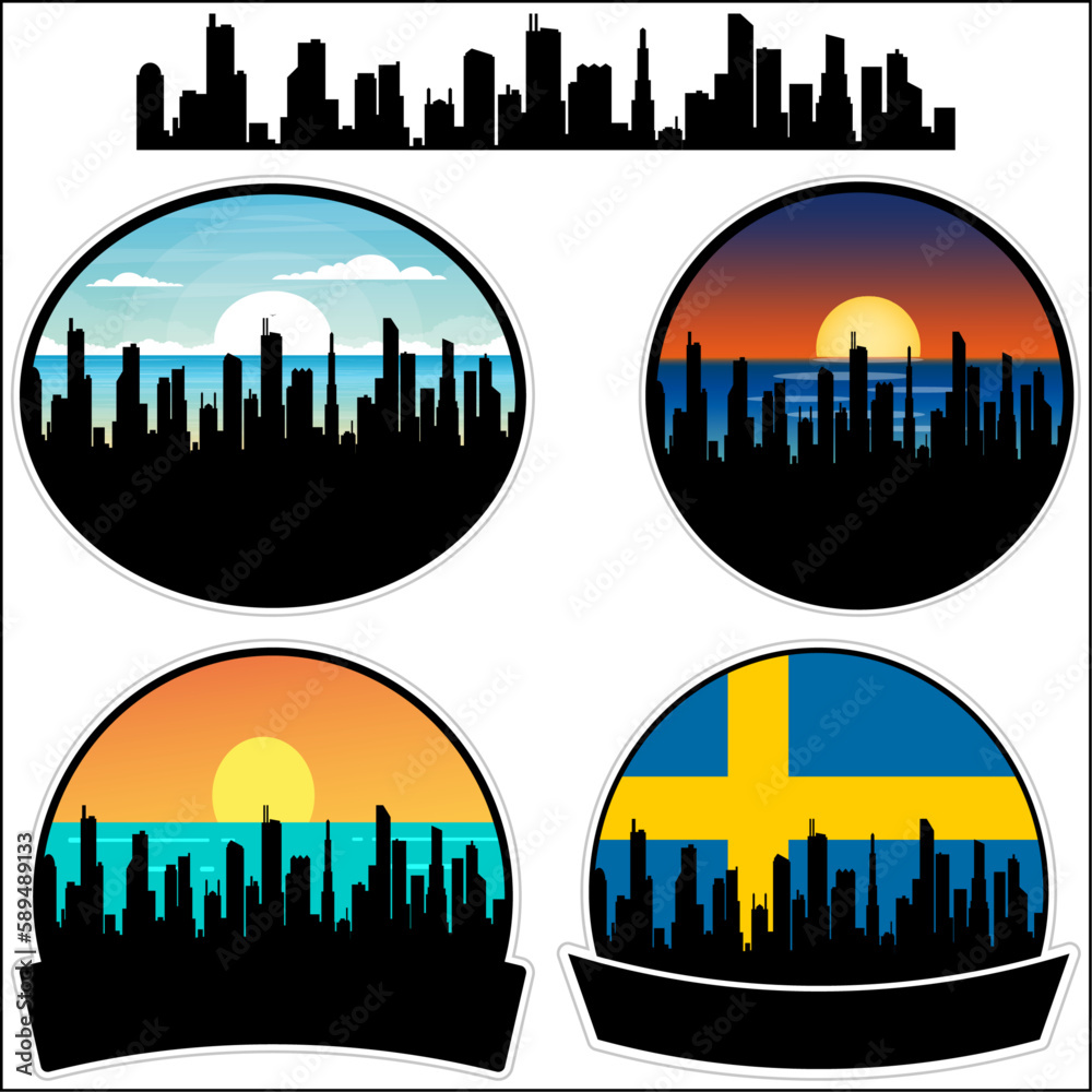 Kinna Skyline Silhouette Sweden Flag Travel Souvenir Sticker Sunset Background Vector Illustration SVG EPS AI