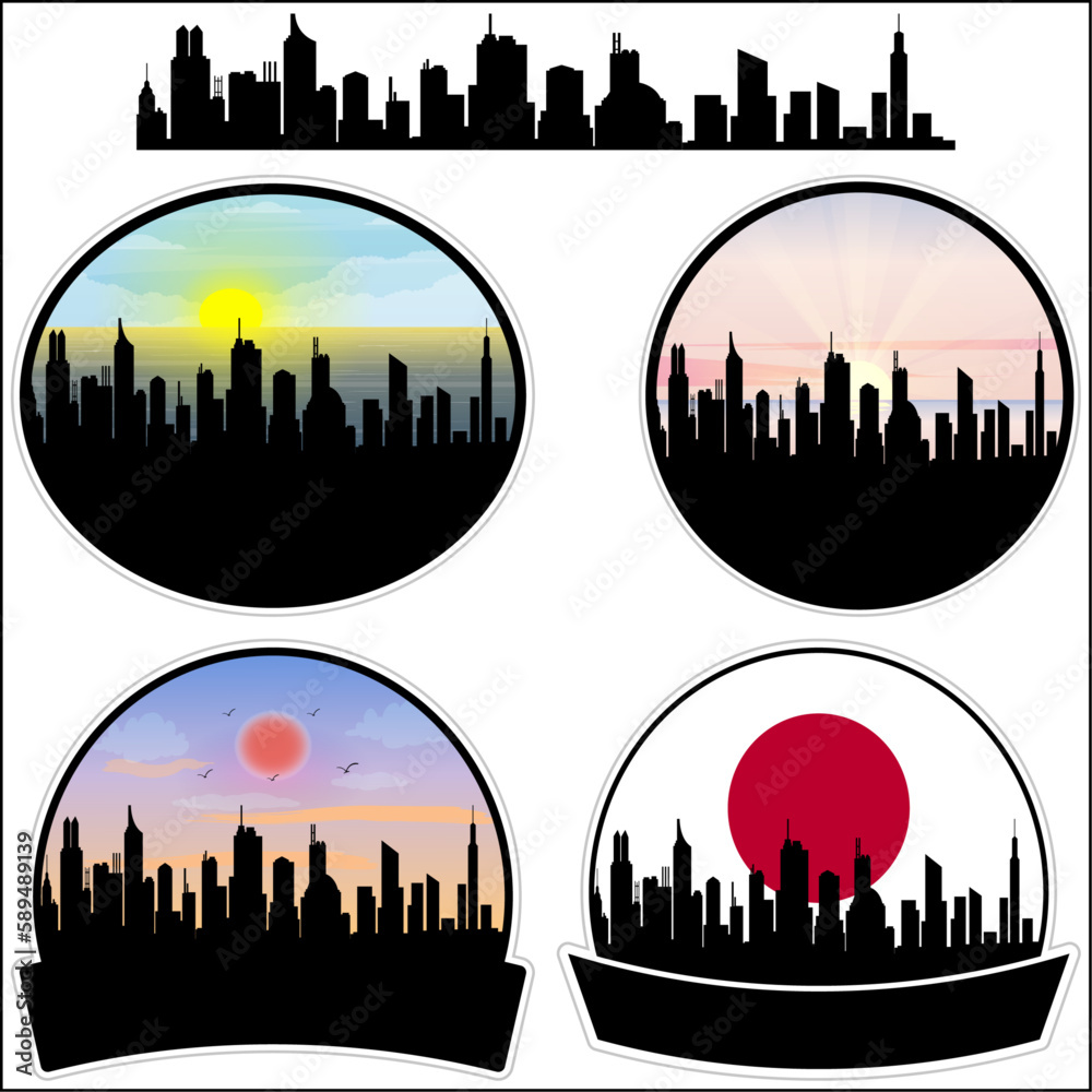 Kawaminami Skyline Silhouette Japan Flag Travel Souvenir Sticker Sunset Background Vector Illustration SVG EPS AI