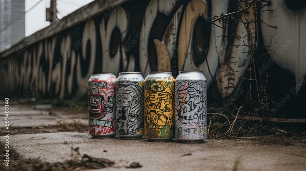 cans doodle paint with graffiti wall in urban city street side, Generative Ai Stock Illustration