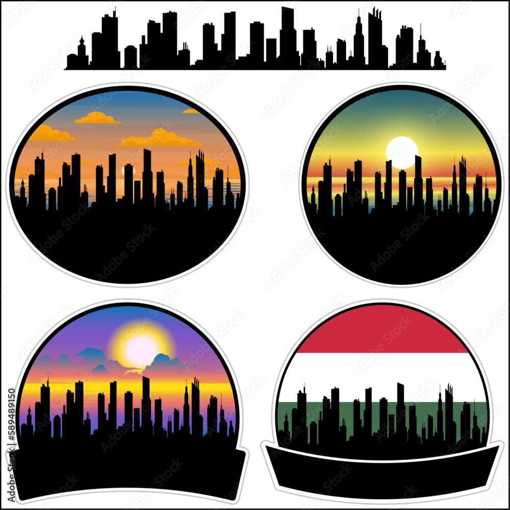 Tiszaujvaros Skyline Silhouette Hungary Flag Travel Souvenir Sticker Sunset Background Vector Illustration SVG EPS AI