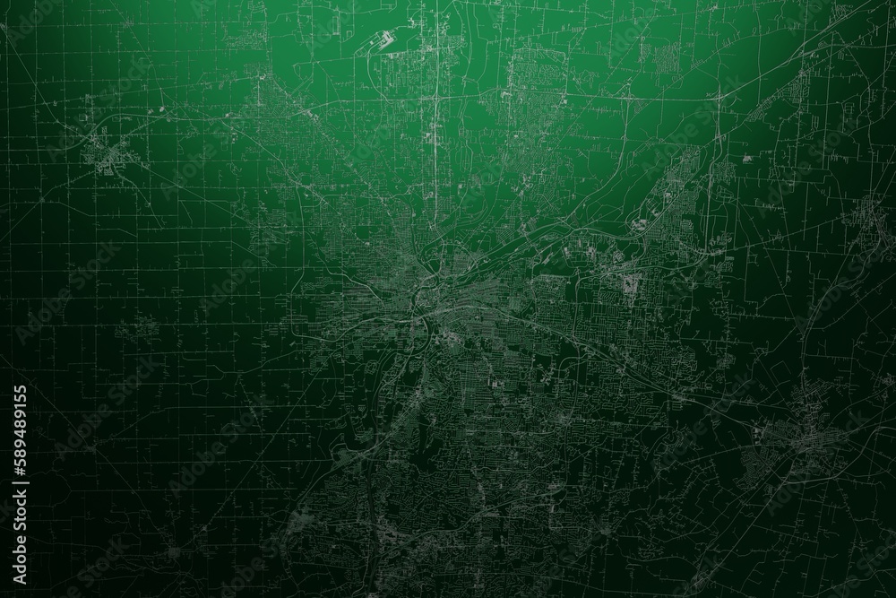Street map of Dayton (Ohio, USA) engraved on green metal background. Light is coming from top. 3d render, illustration